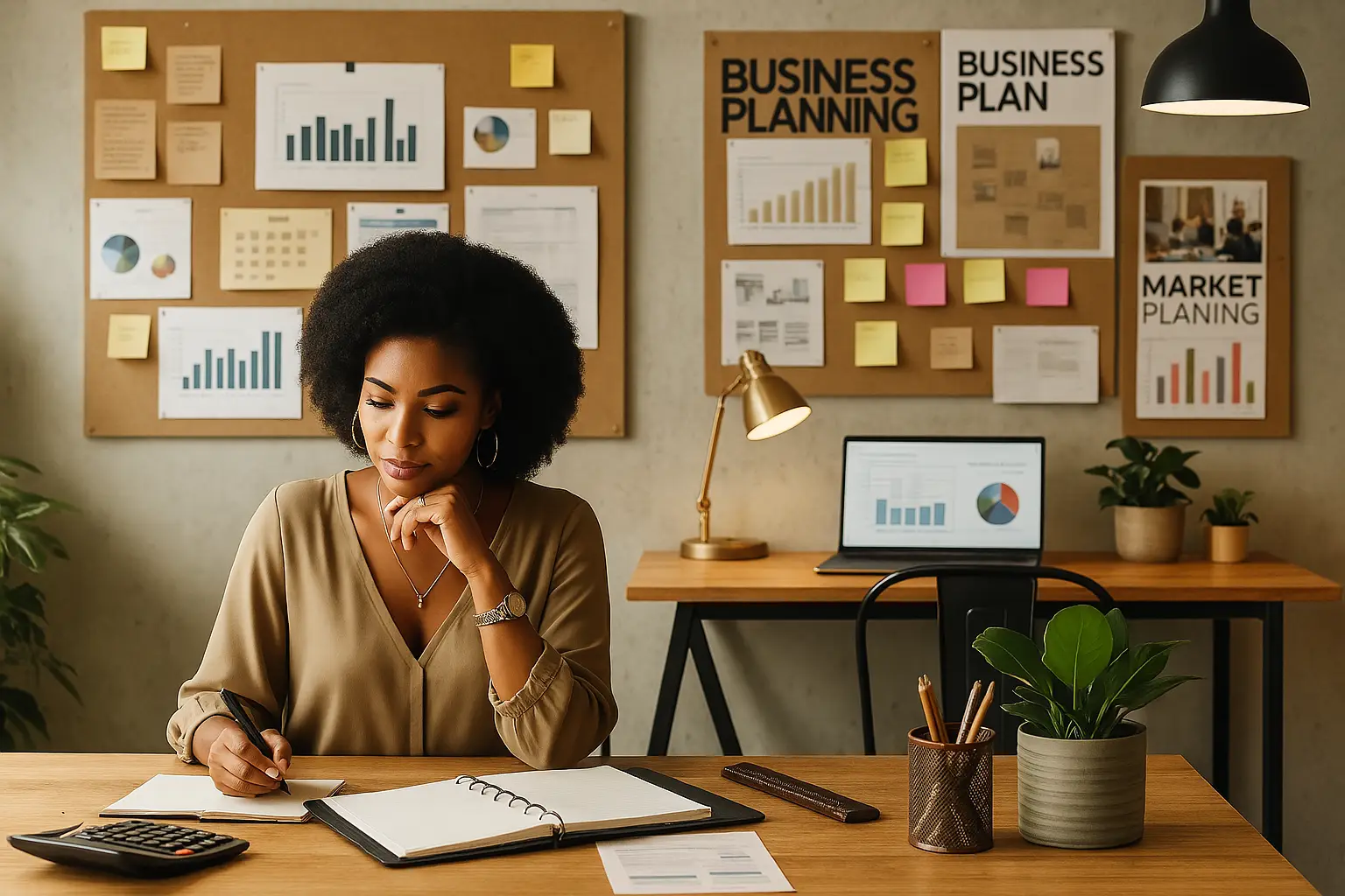 A clean, photo-style image representing 'Design Business Planning.' A thoughtful Black female designer sits at a modern desk with a business plan.