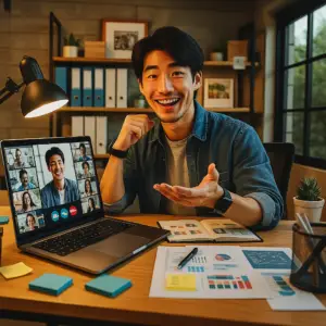 A professional photo-style image representing 'Managing Design Clients'. An East Asian male designer in his late 20s is on a video call with clients.