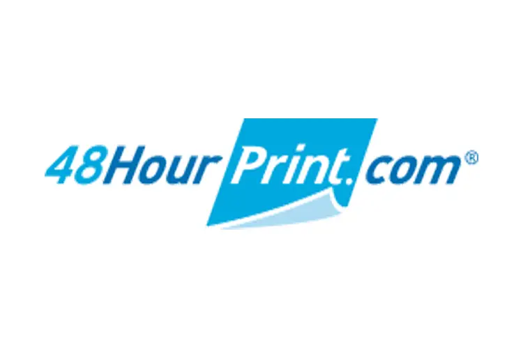 “Sky‑blue 48HourPrint .com logo with italic sans‑serif wordmark and stylized folded‑corner sheet icon, representing rapid 48‑hour online printing services for creative entrepreneurs.”