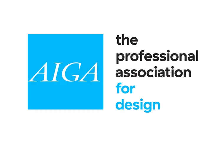 Cyan square with italic “AIGA” initials next to stacked black text “the professional association for design.”