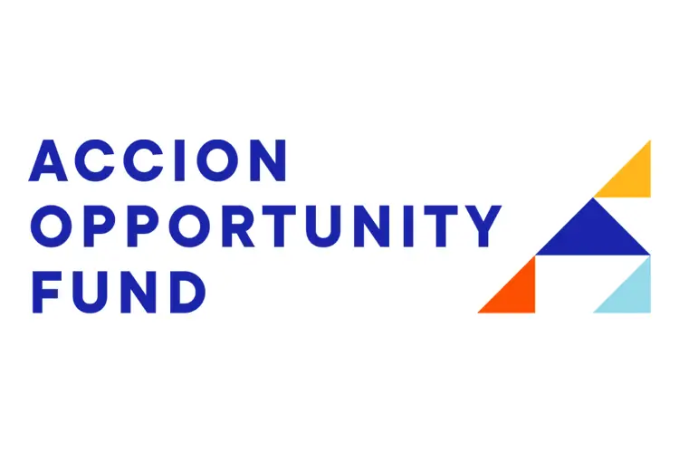 Sans-serif blue word-mark “Accion Opportunity Fund” beside triangular icon of orange, navy, and aqua shapes forming an upward arrow.