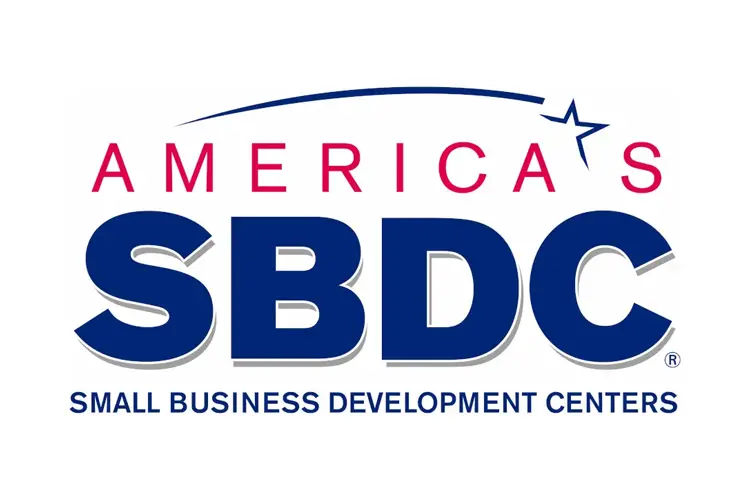 Bold navy “SBDC” letters under red star arc and red word “America’s,” tagline “Small Business Development Centers” below.
