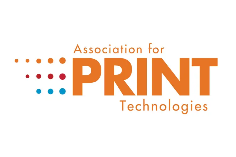 Orange “PRINT” word-mark flanked by dotted CMYK icon and smaller text “Association for” and “Technologies.”