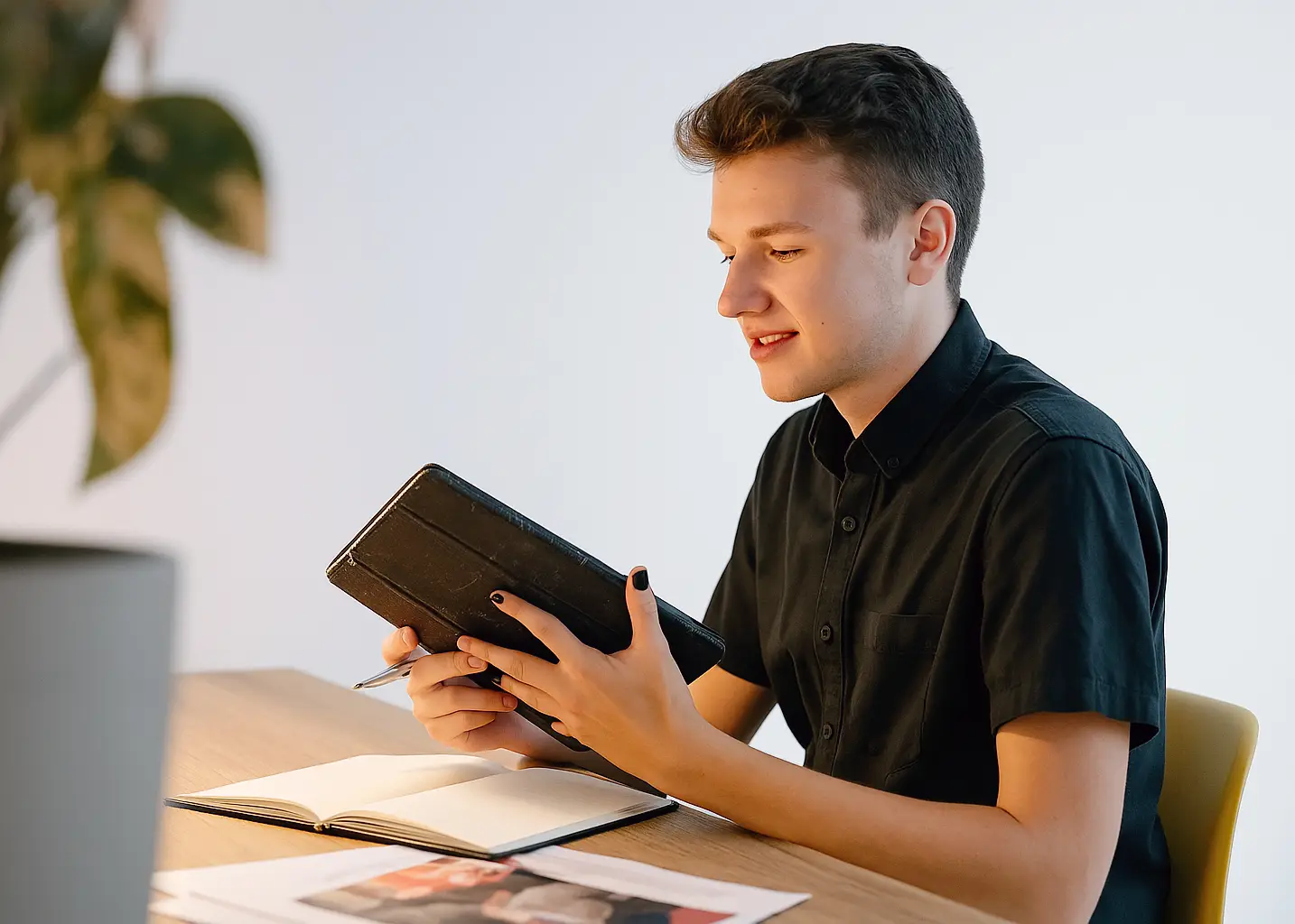 Young man in black shirt at modern desk holding a tablet, open notebook and magazine spread in front, soft daylight studio backdrop.