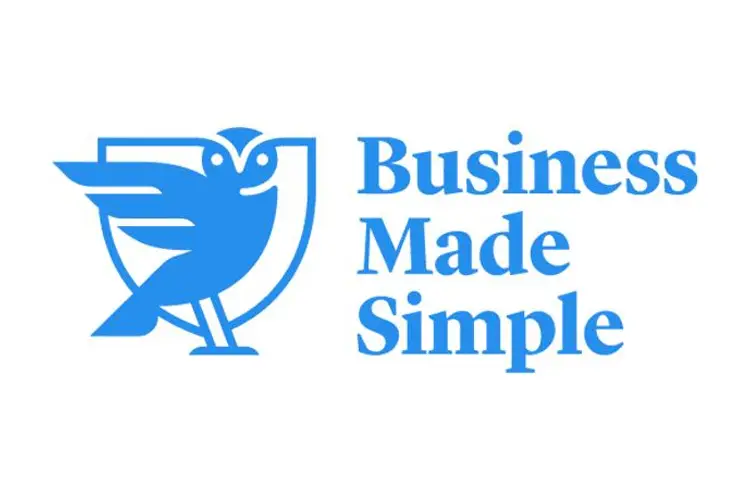 Business Made Simple logo with blue owl and shield icon, symbolizing clarity and confidence in business education for creative entrepreneurs.