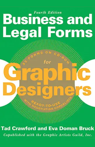 Bright‑green book cover with large orange title “Business and Legal Forms for Graphic Designers,” sunburst seal and authors’ names.
