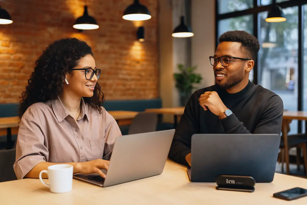 Café coworking scene: a smiling female designer with curly hair and AirPods exchanges ideas with a bespectacled male colleague; both type on slim laptops at a wood table in a brick-walled coffee shop illuminated by warm pendant lights—showcasing the flexible work culture of modern design entrepreneurs.