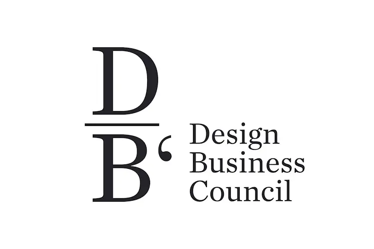 Elegant black monogram “D⁄B” with horizontal bar, followed by serif words “Design Business Council.”