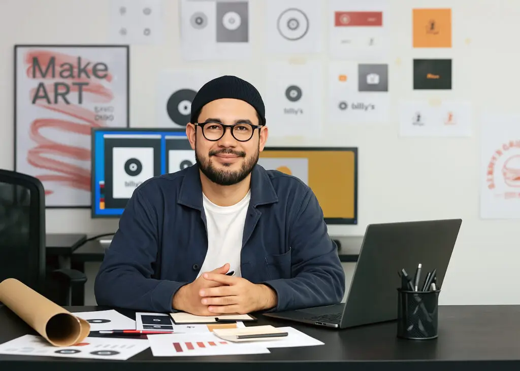Alt text: Bearded designer in navy jacket and beanie sits at a dual-monitor workstation covered with logo drafts, color charts, and a laptop, pausing video lessons to refine a brand identity concept.