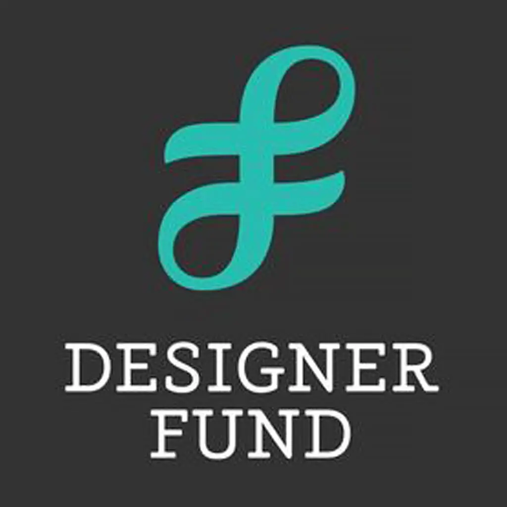 Dark charcoal square with looping turquoise “f” icon above white uppercase words “DESIGNER FUND.”