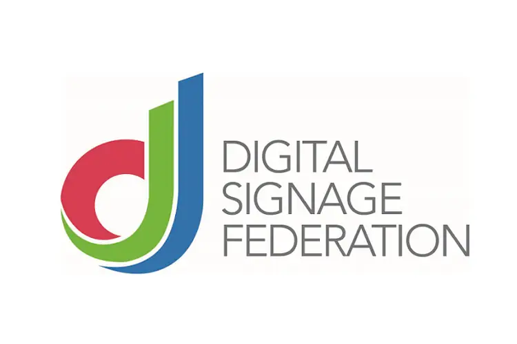 Lowercase “d” and “j” interwoven in green, blue, and red forming modern monogram beside “Digital Signage Federation.”