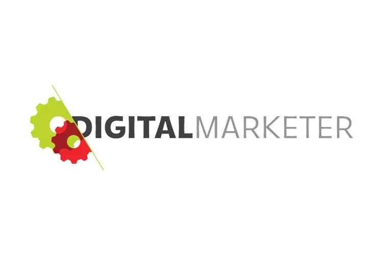 DigitalMarketer logo with bold text and colorful red and green gear icons, representing online marketing education and tools for creative entrepreneurs.