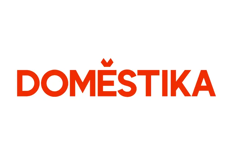 Domestika logo in bold red uppercase letters, representing online creative courses and professional training for designers and visual entrepreneurs.