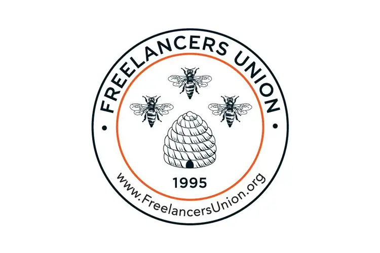 Circular emblem reading “Freelancers Union” with three illustrated bees flying over a beehive, orange ring border.