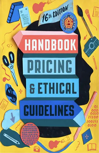 Bright yellow illustrated cover with tools framing pastel panels reading “Handbook Pricing & Ethical Guidelines,” 16th-edition badge.