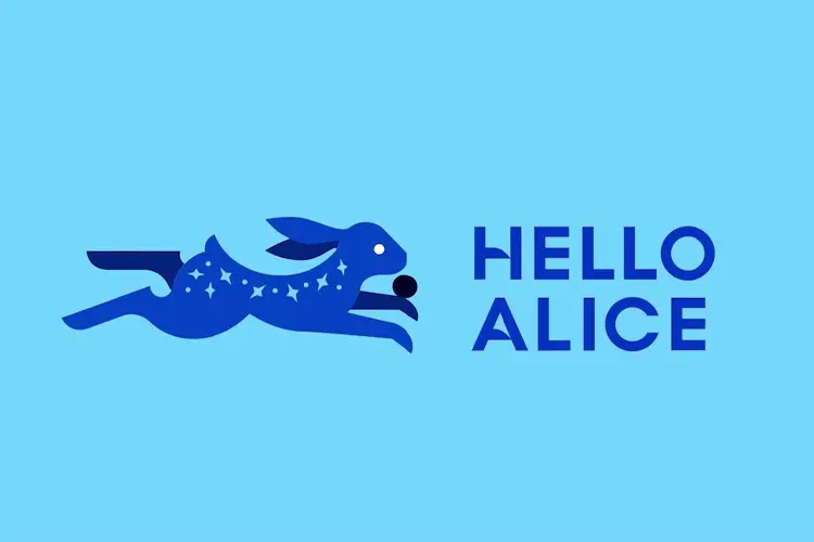 “Hello Alice logo – running blue rabbit with star constellations beside bold text on cyan background.”