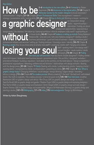 Gray typographic cover packed with chapter blurbs, headline “How to be a graphic designer without losing your soul” in white sans‑serif.