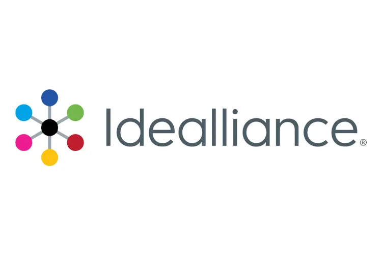 Six-node color wheel icon connected to black center dot, followed by grey “Idealliance” word-mark.