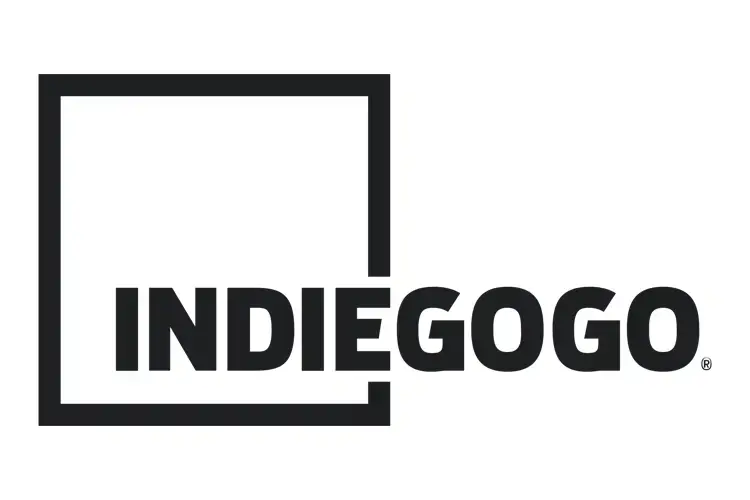 “Indiegogo logo with bold black uppercase text framed by an open square—signifying flexible funding for creative startups worldwide.”
