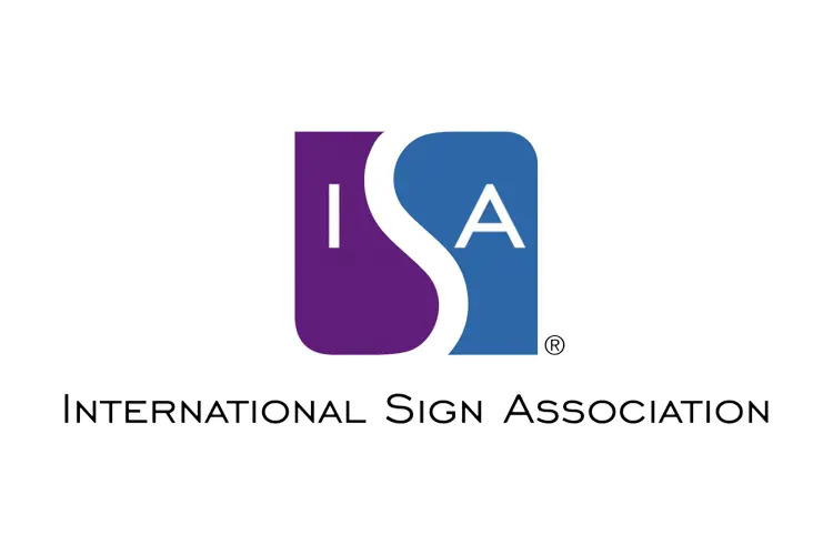 Purple-and-blue “ISA” monogram inside square, with full name below in sleek black caps.