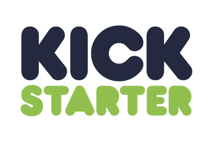 “Kickstarter logo in chunky navy and lime lettering—representing reward‑based crowdfunding for innovative design projects.”