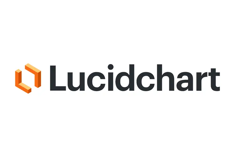 Lucidchart logo with geometric orange hexagon icon and clean black text, representing visual diagramming tools for creative entrepreneurs and teams.
