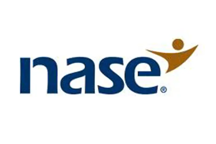 “NASE logo—deep‑blue lowercase ‘nase’ with gold swoosh figure.”
