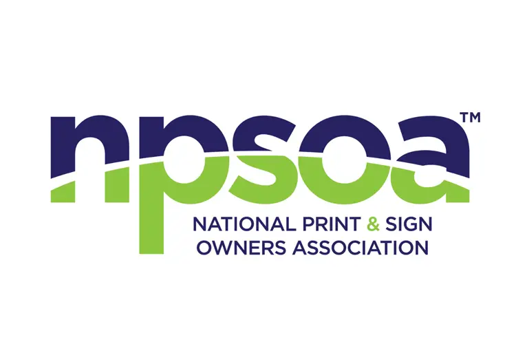 Navy and lime-green “npsoa” lettering arched over tagline “National Print & Sign Owners Association.”