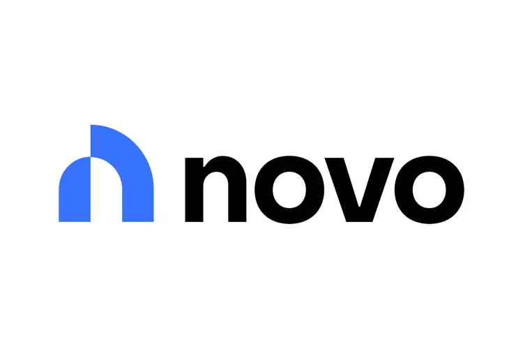 Novo logo with a modern blue and black wordmark, featuring a stylized "n" icon on a white background.