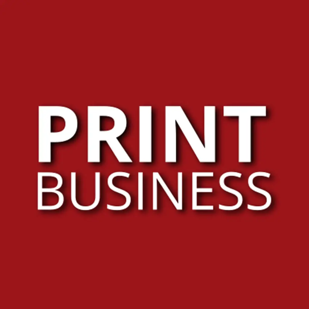 Deep red square logo with bold white uppercase words “PRINT BUSINESS” centered.