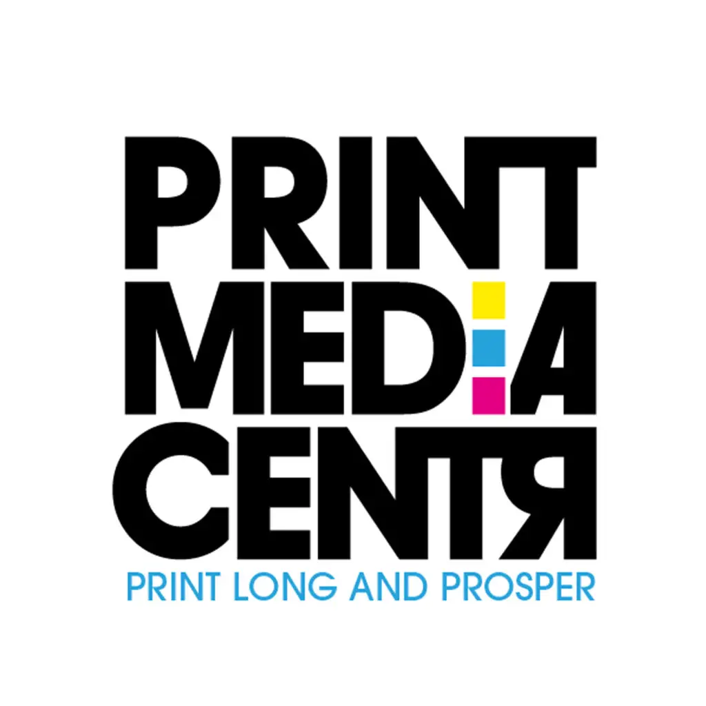 Black stack-type logo reading “PRINT MEDIA CENTR” with small CMYK color bars (yellow, cyan, magenta) forming the letter “A,” tagline “Print Long and Prosper” in blue beneath.