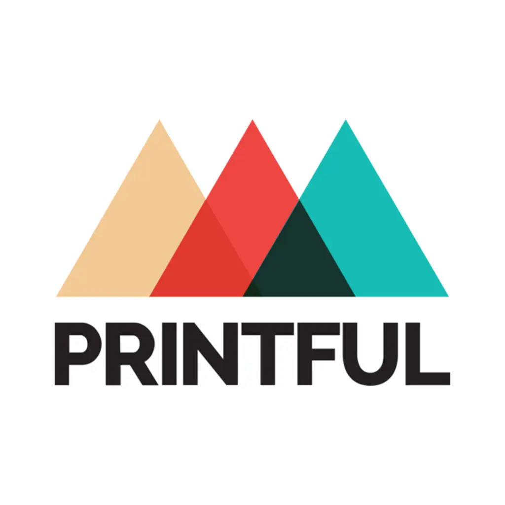 Logo of three overlapping triangular mountains in tan, red, and teal above bold black word “PRINTFUL.”