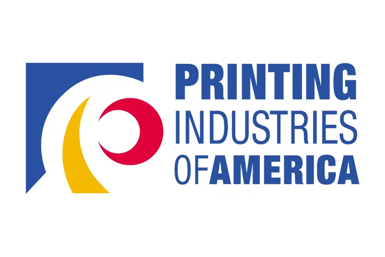 Abstract swoosh in blue, red, and gold beside stacked text “Printing Industries of America.”