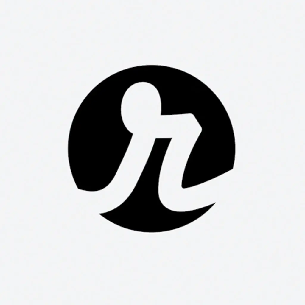 Black circular mark with stylized lowercase “r” in negative space on light gray background.