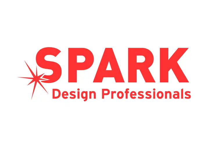Bright red word “SPARK” with radiating starburst on the “S,” smaller text “Design Professionals” beneath.