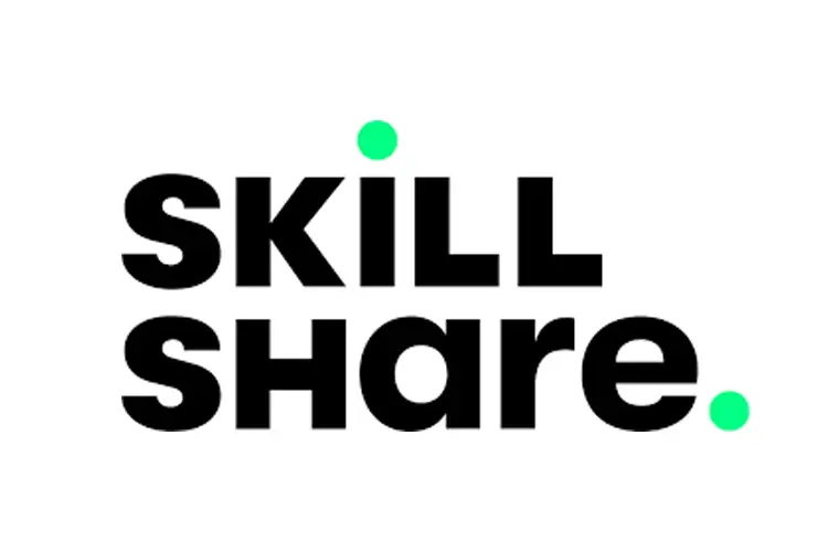 Skillshare logo with bold black text and green dots, representing online creative education and skills development for design entrepreneurs.