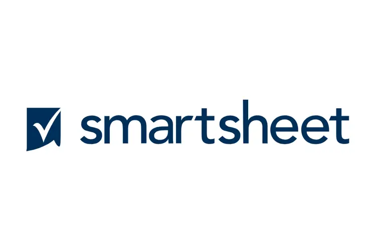 Smartsheet logo with navy blue checkmark icon and bold text, representing cloud-based project management and workflow automation for creative businesses.