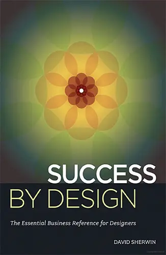 Dark radial‑gradient cover with geometric flower motif, bold white title “Success by Design,” subtitle “Essential business reference for designers.”