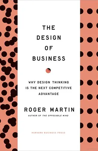Salmon cover with black polka dots flanking minimalist white panel titled “The Design of Business – why design thinking is the next competitive advantage.”