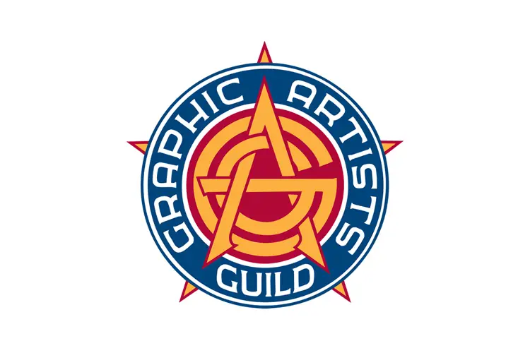 Compass-inspired circular badge with intertwined gold “A” motif, navy ring reading “Graphic Artists Guild.”