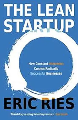 Blue cover with bold white title “THE LEAN STARTUP,” white brush-stroke circle encasing subtitle on innovation, author name in black.