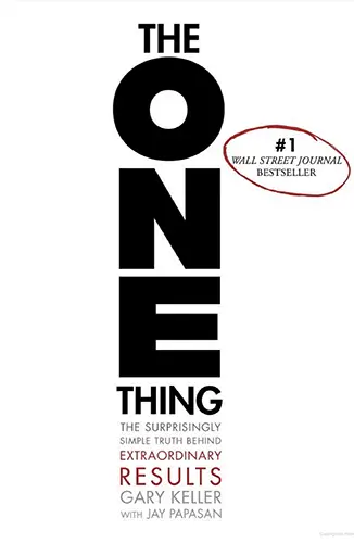 Minimal white cover with vertical black word “ONE” and subtitle promising extraordinary results through focus.