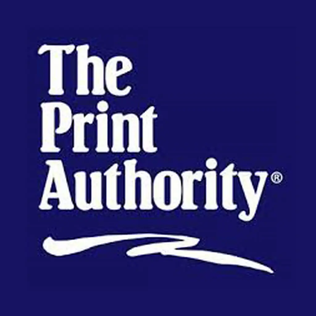 White title-case serif words “The Print Authority” with swoosh underline on deep navy square.