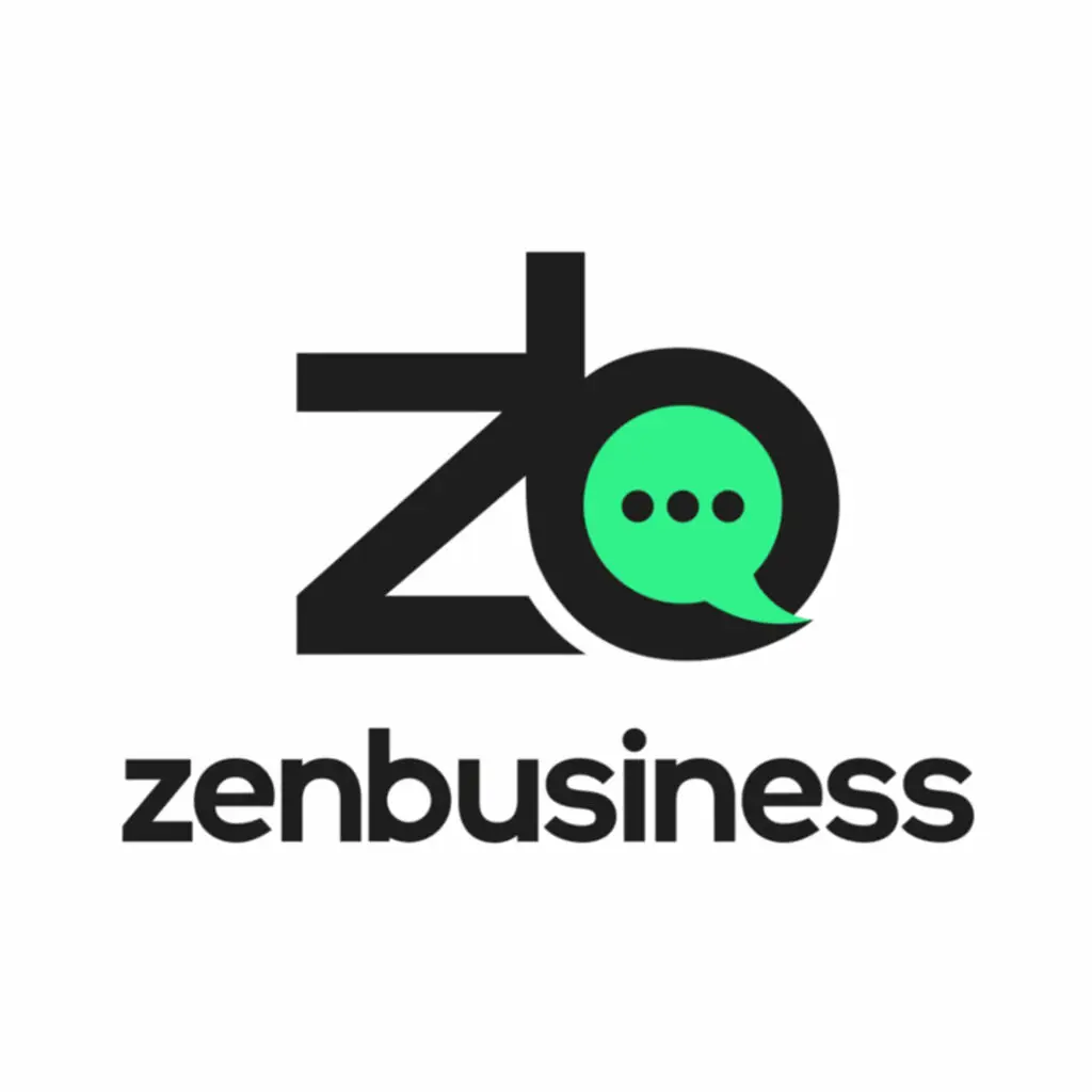 Modern black “zb” monogram where the circular “b” forms a green chat-bubble with three dots; “zenbusiness” name in lowercase black beneath.