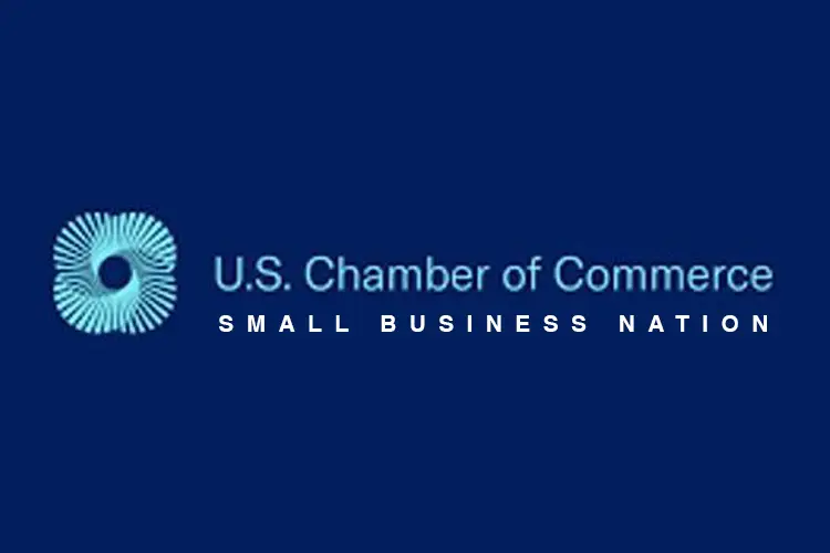 Light‑teal rosette icon and “U.S. Chamber of Commerce – Small Business Nation” word‑mark on navy background, pro‑business network logo.