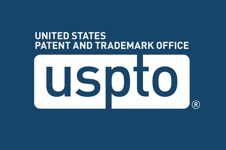 White “uspto” rectangle and bold uppercase title “United States Patent and Trademark Office” on blue field—official government seal for IP.