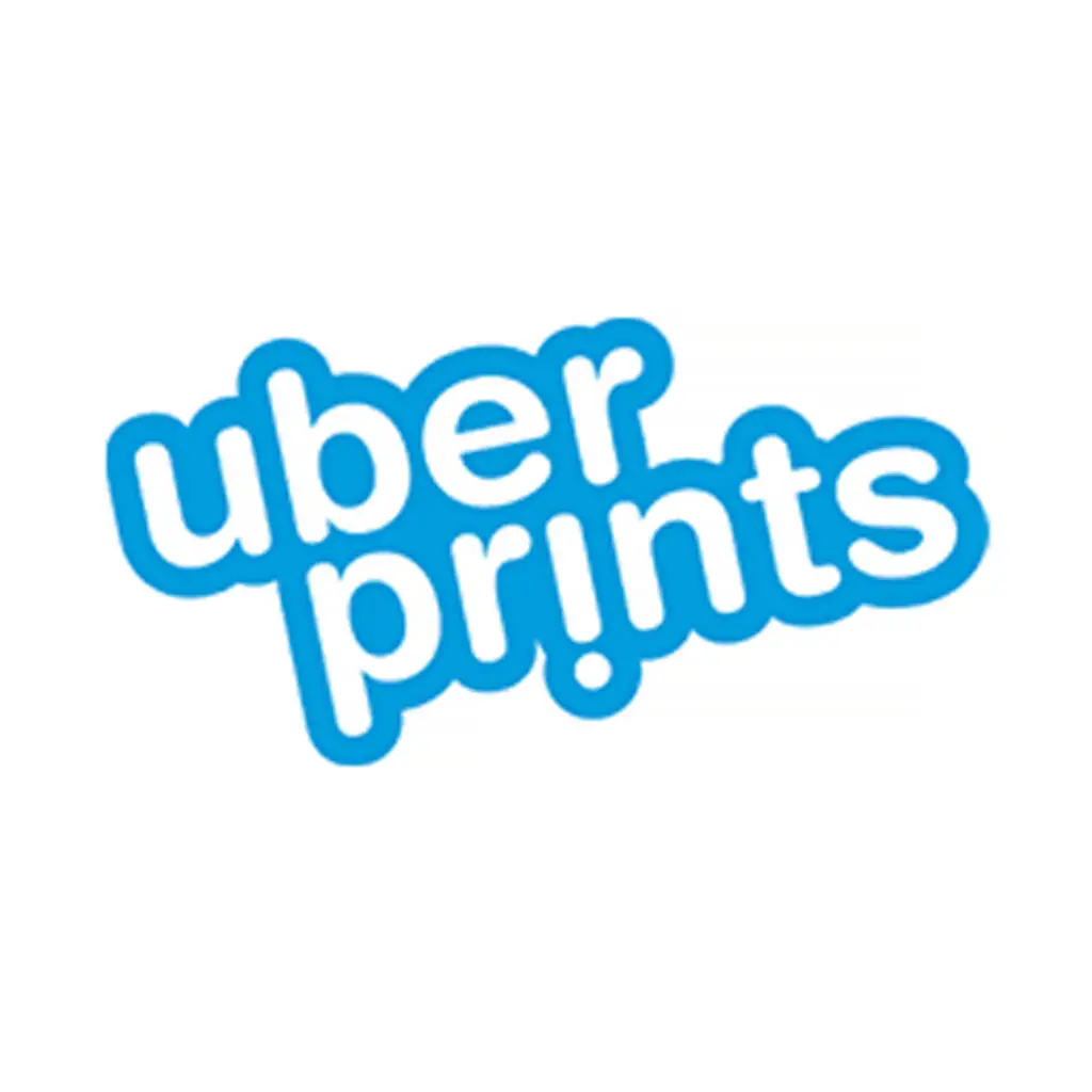 Playful sky-blue wordmark “uberprints” in rounded lowercase letters, tilted upward.