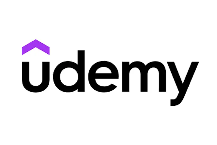 Udemy logo with bold black text and a purple upward arrow, representing online learning and affordable skill development for design entrepreneurs.
