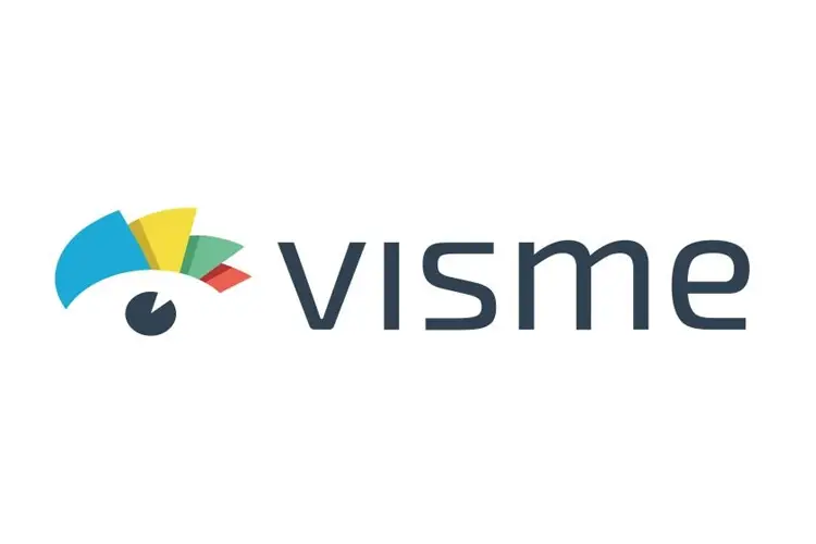 Visme logo with colorful speedometer-style icon and clean text, representing a design tool for infographics, presentations, and visual content creation.