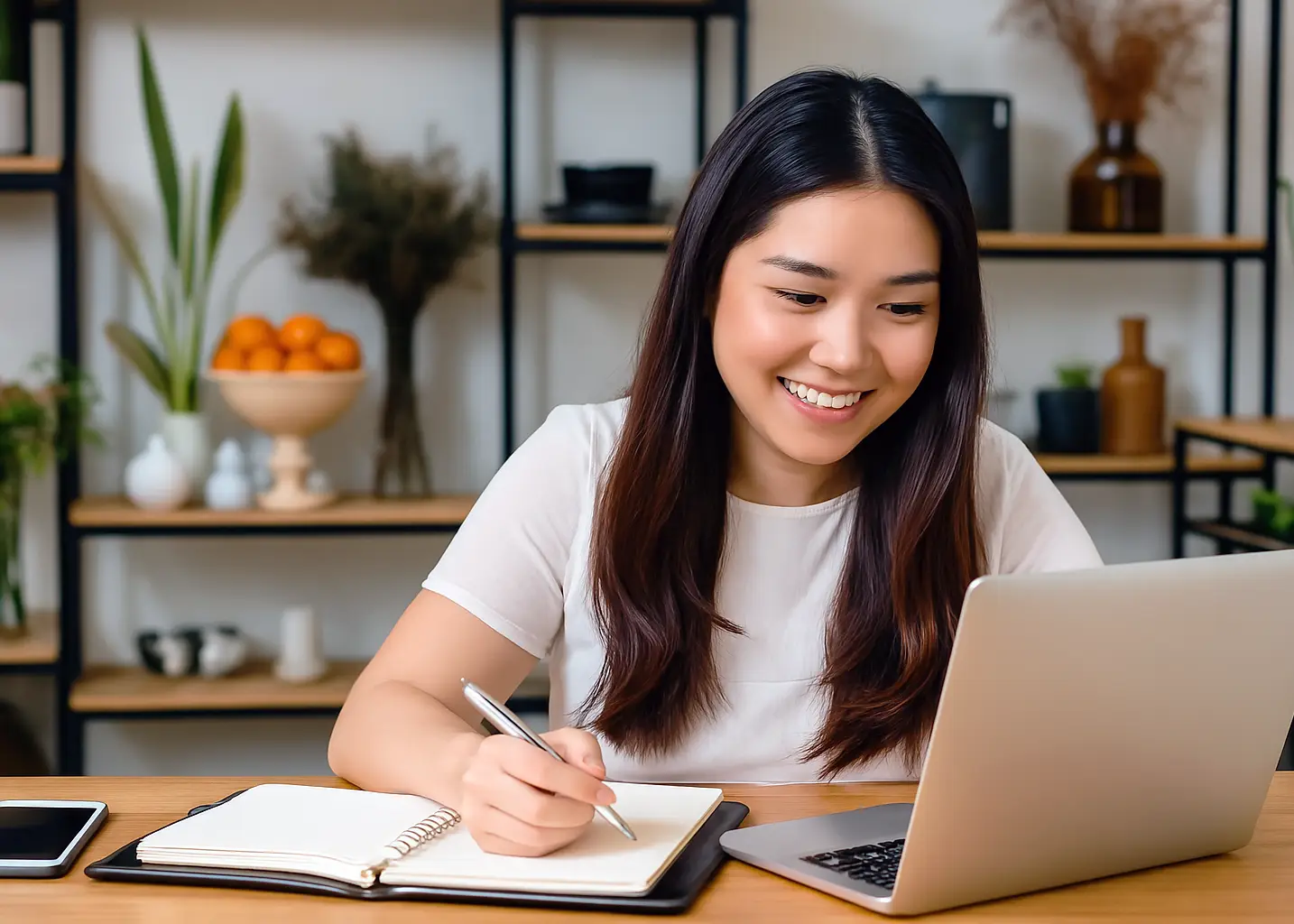 Smiling woman attending an online webinar while taking notes at her desk, representing digital learning and professional development for creative entrepreneurs.